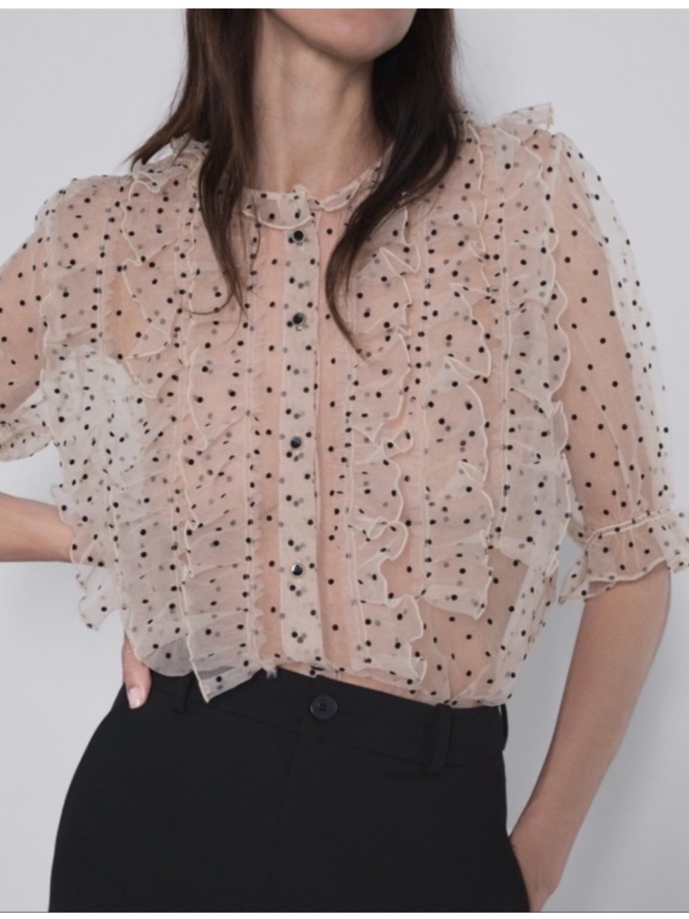 Zara Sheer Ruffle Polka Dot Blouse - Cream/Blackr